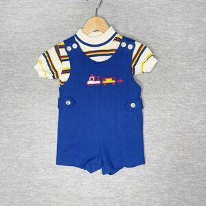 Vintage Health-Tex Boys Jon Jon Romper Size 12 Months Shortall With Shirt Trains